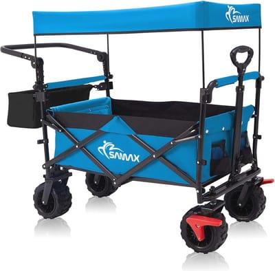 Opvouwbare Bolderkar met Dak - Offroad Tuinkar met Rem en Staartzak - Massieve Wielen en Opberghoes - Blauw