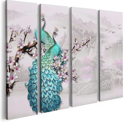 Artaza Canvas Schilderij Vierluik Twee Blauwe Pauwen - Abstract - 80x60 - Foto Op Canvas - Canvas Print