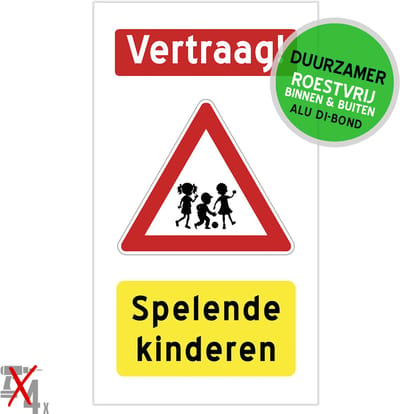 Pictogram/ bord XL Dibond | "Vertraag! Spelende kinderen" | 27 x 50 cm | Gevaar | Traag rijden | Stapvoets | Kids | Spelen | Let op | Vakantie | Speelstraat | 1 stuk