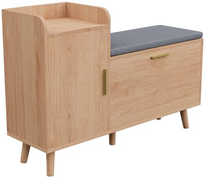 Emvae Schoenenkast - Schoenenbank - Halbank met Schoenenopslag - Schoenenkast met Zit - Grijs Kussen - Houtkleur