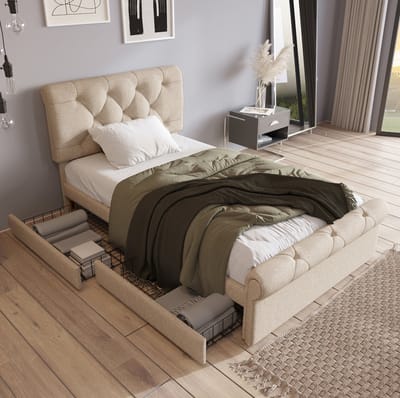 MEUNIQ eenpersoons gestoffeerd bed 90x200 cm met 2 lades, verstelbaar hoofdbord, lattenbodem en scroll hoofdeinde, slaapkamer, naturel