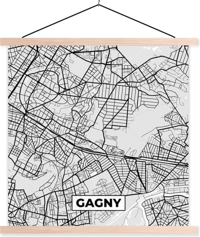 Posterhanger incl. Poster 40x40 cm - Schoolplaat - Kaart - Stadskaart - Frankrijk - Gagny - Plattegrond - Textielposter - Blanke latten - Stadskaart