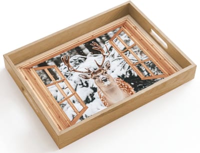 Dienblad hout 40x30 cm - Schootdienblad - Doorkijk - Hert - Sneeuw - Winter - Bos - Dieren - Borrelplank rechthoek - Plateau dienbladen