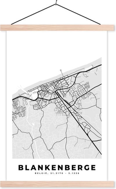 Posterhanger incl. Poster 40x60 cm - Schoolplaat - Zwart Wit – België – Plattegrond – Stadskaart – Kaart – Blankenberge - Textielposter - Blanke latten - Stadskaart
