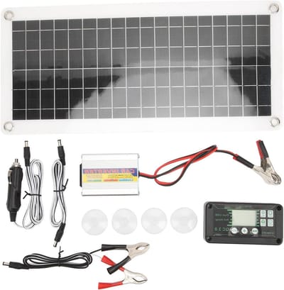 30W zonnepaneelset met 220W omvormer en 10A controller – polykristallijn zonnepaneel met overspanningsbeveiliging voor 12V autocampers, scheepsboten, hutten, schuurtjes,