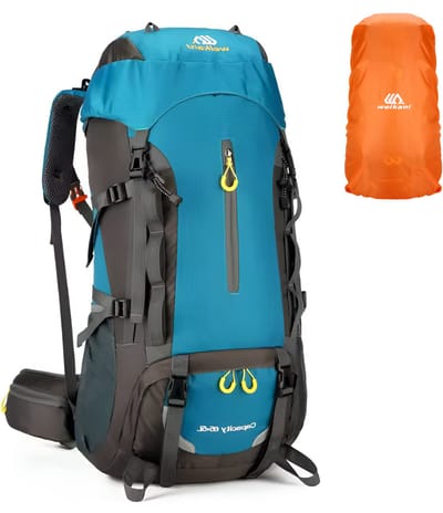 CarryQuest® - 70L Bergbeklimming Rugzak - Waterdichte Nylon Outdoor Backpack met Regenhoes, Rugventilatie, Heupgordel, Front-/Toploader & 35x26x69 cm - Blauw