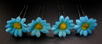 Haarpinnen bloem blauw-geel set van 4 stuks.