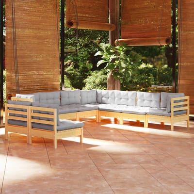 vidaXL - 9-delige - Loungeset - met - grijze - kussens - massief - grenenhout