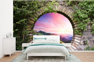 Behang - Fotobehang Landschap - Bloemen - Doorkijk - Berg - Breedte 375 cm x hoogte 280 cm