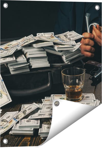 Gards Tuinposter Dollar Geld Briefjes op Tafel van de Maffia - 40x50 cm - Tuindoek - Tuindecoratie - Wanddecoratie buiten - Tuinschilderij
