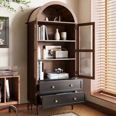 Opbergkast met verstelbare planken - moderne vintage glazen opbergkast met gebogen vorm - luxe dressoir