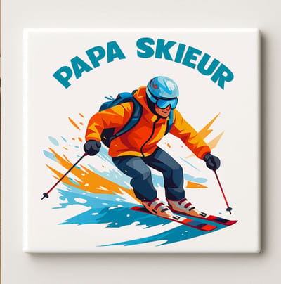 Papa Skieur Tegel 15x15 cm – Grappige Skiënde Vader Keramische Wanddecoratie voor Wintersportliefhebbers en Bergfans