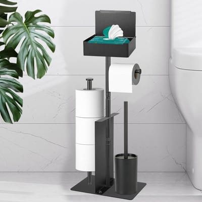 Staal Zwart Toiletpapierhouder Staand met WC-borstel | Toiletrolhouder Staand met vochtige doekjesbox、Opbergrek、Reserve toiletpapierhouder, Geschikt voor badkamers en toiletten