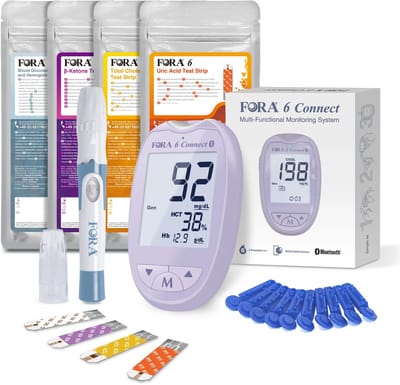 FORA 6 Connect 6-in-1 Starter Pack (purple meter) - (Ketonen Meter - Urinezuur Meter - Cholesterol Meter - Glucosemeter) - Inclusief Strips