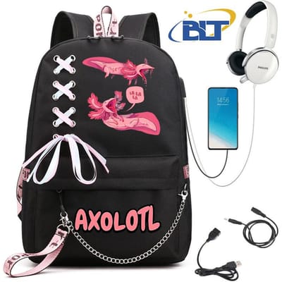 Schattige Axolotl bedrukte studentenschooltas voor meisjes zwarte rugzak usb kindertas casual tas terug naar school cadeau