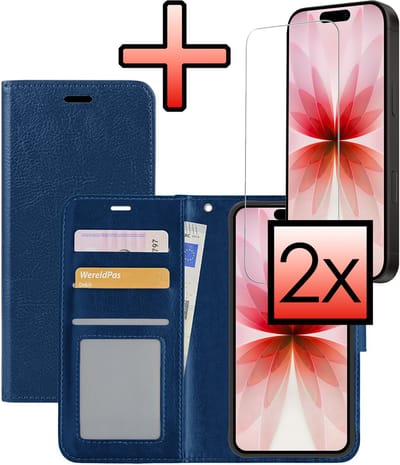 Hoesje - Met 2x Screenprotector - Geschikt voor Apple iPhone 17 - Luxe Pasjeshouder - Bookcase Portemonee - Flip Case - Kunstleer Book Case - Flipcase Hoes - Book Cover - Walletcase - Portemonneehoes - Donkerblauw