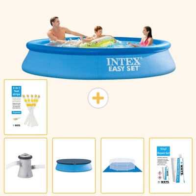 Intex Rond Opblaasbaar Easy Set Zwembad - 305 x 61 cm - Blauw - Inclusief Pomp - Afdekzeil - Grondzeil - Reparatiesetje - Testrips - 6-delig