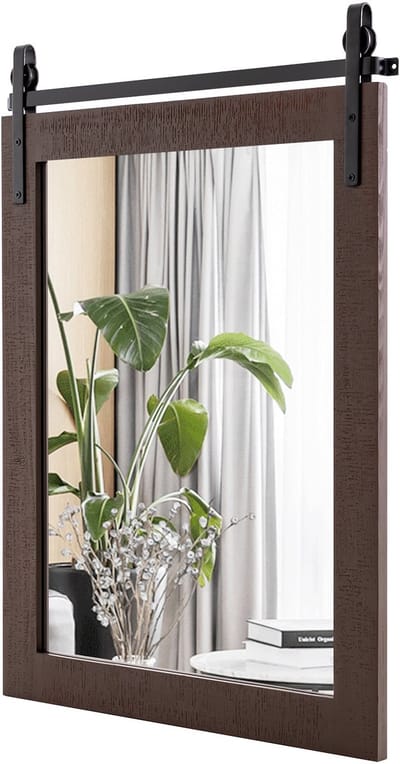 COSTWAY vierkante spiegel met houten lijst, 76,5 x 56 cm, rustieke wandspiegel, breekvaste hangspiegel met metalen standaard, voor gang, woonkamer, slaapkamer (donkerbruin)