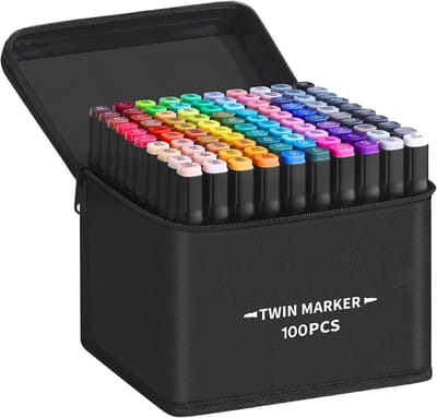 100 Twinmarkers Set - Alcohol Dual Tip - Brush & Fijnpunt + Opbergtas
