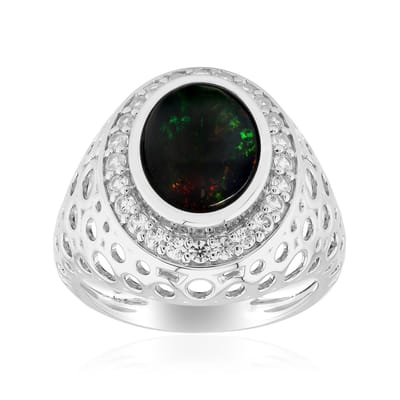 Cavill - Elegante Damesring 925 Sterling Zilver Geplatineerd - Mezezo Opaal 1,264 ct - 24 Zirkonia's - Ovaal Cabochon - Handgemaakte Sieraden