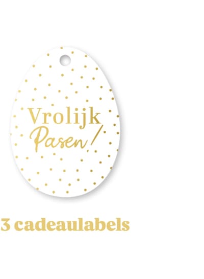 3x Cadeaulabel - VROLIJK PASEN - wit - goudfolie - paasei - paashaas - kaartje - naamkaartje - cadeautag - hangtag - cadeauhanger - leuk inpakken - naamlabel - cadeauversiering -