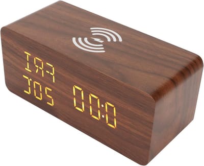 Houten Digitale Wekker - LED Klok - Wakker Worden - Ingebouwde Draadloze Oplader - 3 Dimmers - Houtkleur