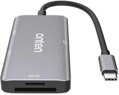 Onten 91182 USB-C Kaartlezer & USB 3.0 Hub – USB-C naar CF/SD/TF – 2x USB 3.0 Poorten – Compact Dockstation voor Laptop & PC – Plug & Play