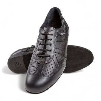 Stijlvolle latin danssneaker heren - Diamant 133 - 225 - 042 - Brede Pasvorm - Geperforeerd Leer - 2,5cm hak - Ballroomsneaker - Suede zool - Voor bredere voeten - Latin, Ballroom, Tango, Salsa, Kizomba, Bachata - Diamant - Zwart - 43