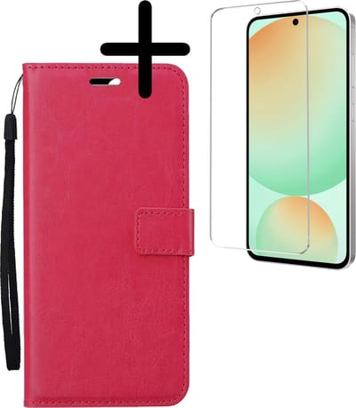Hoesje Met Screenprotector - Geschikt voor Samsung Galaxy S24 FE - Luxe Pasjeshouder - Bookcase Portemonee - Flip Case - Kunstleer Book Case - Flipcase - Book Cover - Walletcase - Portemonneehoes - Donkerroze