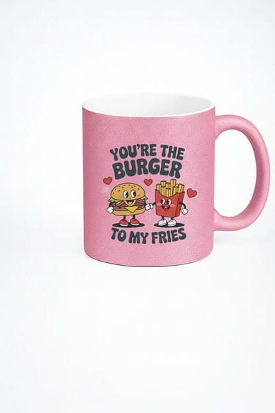 Glitter Roze Mok - 'Jij bent de Burger voor mijn Frietjes' | Liefdes Mok & Romantisch Cadeau