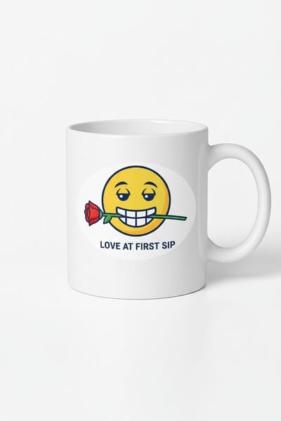 Mok "Love at First Sip" - Flirterige Emoji met Roos | Romantische Koffiemok Cadeau