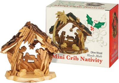 Mini kerststal 9x9.5 cm - olijfhout - handgemaakt - unieke decoratie voor de kerstperiode - ShopVlot