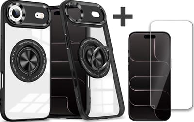 Hoesje Geschikt voor iPhone 17 Air Arara hoesje voor Magsafe Transparant hard case - kickstand Draaibare Ring Houder met screenprotector - Zwart