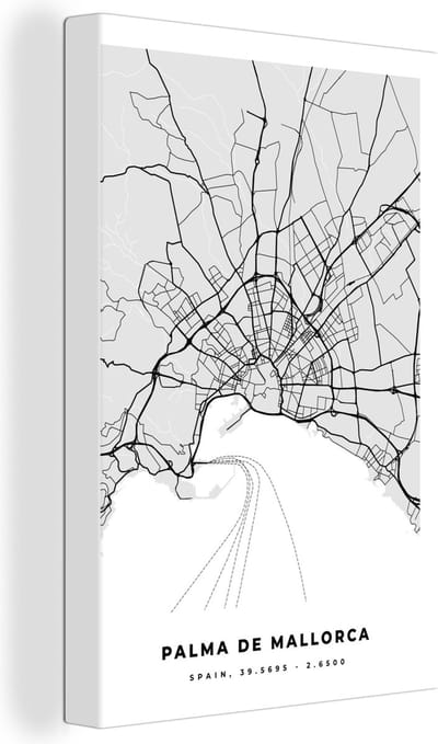 Canvas Schilderij Mallorca - Stadskaart - Zwart Wit - Plattegrond - Kaart - 20x30 cm - Wanddecoratie