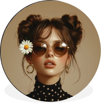 WallCircle - Wandcirkel - Muurcirkel - Vrouw - Beige - Bloem - Modern - Portret - Aluminium - Dibond - 140x140 cm - Binnen en Buiten