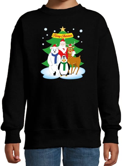 Kersttrui sweater voor kinderen - Kerst dieren vriendjes - zwart - lange mouwen - kleding - kerstdiner 98/104