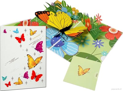 Popcards popupkaarten –Vlinder Geel-Oranjetipje Bloemen Vrijheid Felicitatie Verjaardag pop-up kaart 3D wenskaart