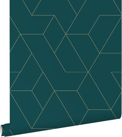 ESTAhome behang grafische lijnen petrolblauw en goud - 50 x 900 cm - 139947