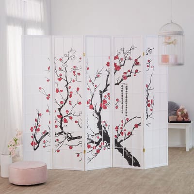Homestyle4u Kamerscherm - 220x179 cm - wit - 5-delig - kersen