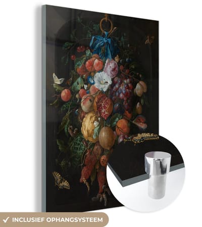 ® Glasschilderij 120x160 cm - Schilderij acrylglas - Festoen van vruchten en bloemen - Schilderij van Jan Davidsz. de Heem - Foto op glas - Muurdecoratie woonkamer - Wanddecoratie slaapkamer - Schilderijen