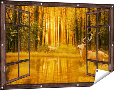 Gards Tuinposter Doorkijk Twee Herten in het Bos bij het Water - 120x80 cm - Tuindoek - Tuindecoratie - Wanddecoratie buiten - Tuinschilderij