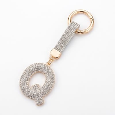 Zilverkleurige sleutelhanger met letter Q en strass steentjes – initial sleutelhanger voor dames en heren – metalen sleutel hanger met ronde ring en decoratieve letter hanger