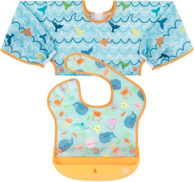 Bumkins Swap Pocket Bib - Slabset met Siliconen Opvangbakje - 1 Slab en 1 Mouwslab - Waterdicht - Oprolbaar voor Onderweg - Met Klittenband - Machinewasbaar - BLW - Ocean Life & Whale Tail - Zeedieren en Walvis - Aqua Lichtblauw - 6-18 maanden
