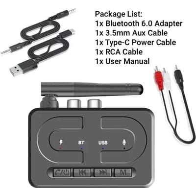 Bluetooth 6.0 Audio Ontvanger RCA 3,5 mm AUX Jack Stereo Muziek Draadloze Adapter Ondersteuning U-schijf Afspelen Voor Desktop Luidspreker Versterker with RCA Cable zwart