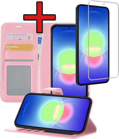 Hoesje - Met Screenprotector - Geschikt voor Samsung Galaxy A27 - Luxe Pasjeshouder - Flipcase - Bookcase Portemonee - Flip Case - Kunstleer Book Case - Book Cover - Walletcase - Portemonneehoes - Telefoonhoes - Lichtroze