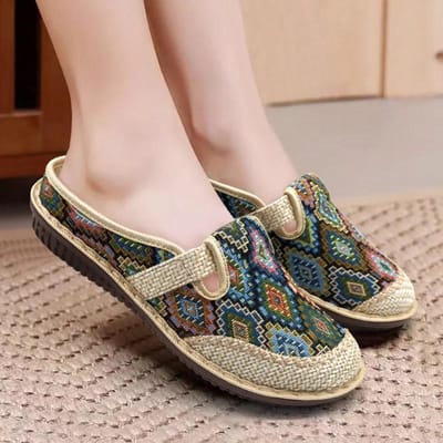 Schoenen met sleehak Dames Zachte zool Wandelen Ouderen Sandaal Etnisch Borduurwerk Linnen Platte schoenen Zomer Dames Instapper Muiltje 38 gray