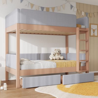 MODFU - Etagenbed 90x200 cm – Met rechte trap, 2 lades & anti-bots rand – Grijs/Naturel