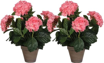 Mica Decorations Kunstplant Hortensia - 2x - roze - 45 cm - in pot - Kunstplanten/nepplanten