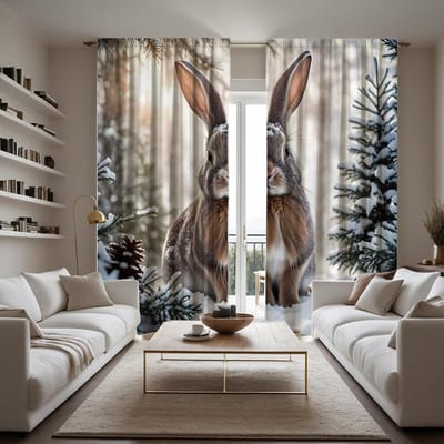2 stuks HD Konijn decoratief gordijn in Sneeuwwit strik digitaal bedrukt gordijn Huisdecoratie stijl decoratie woonkamer W52H63inchW132H160cm white