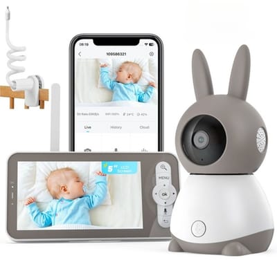 ieGeek Babyfoon met Camera - 2K HD camera - Premium Baby Monitor 5 inch Monitor- & Gratis App - Incl. Geluidsdetectie - Voedingsalarm en Temperatuursensor - Inclusief Beugel